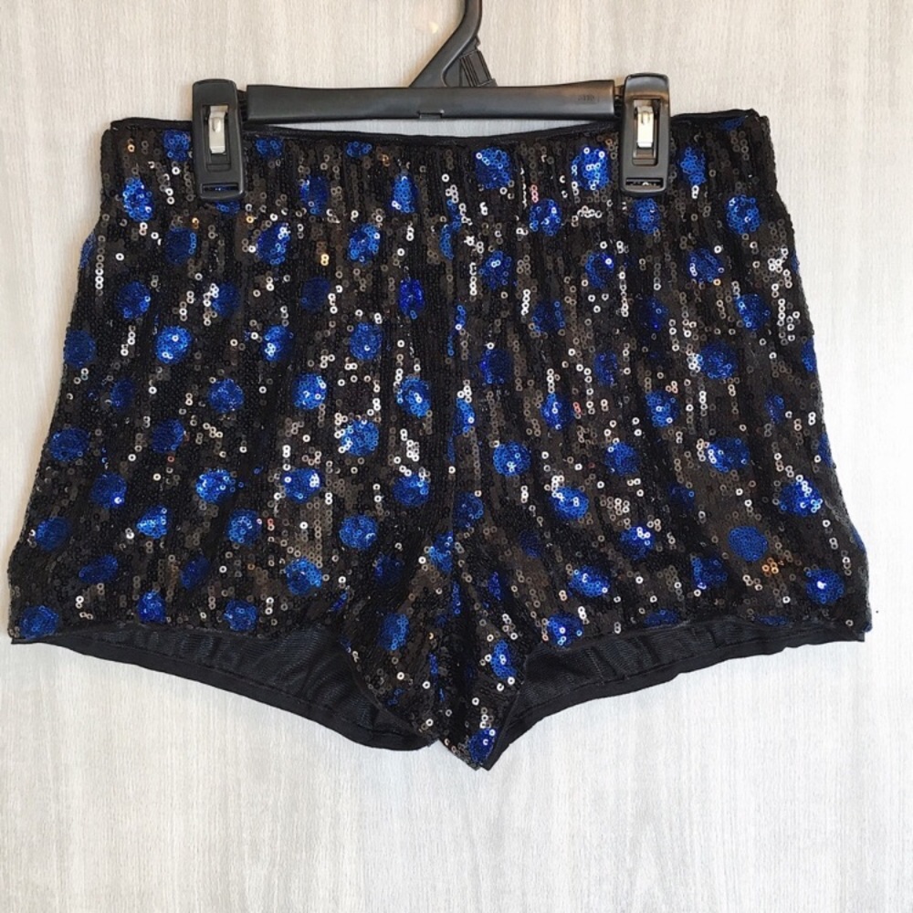 Black sequin shorts with blue polka dots